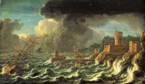 Marine in tempesta con galeoni sulle coste